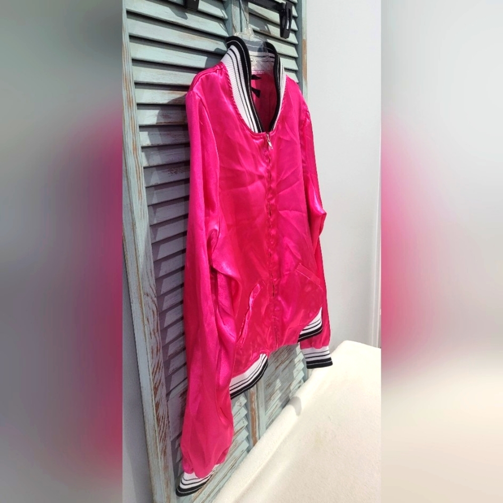 URBAN GROOVE Pink Satin Retro Bomber Baseball JACKET Women's Size Adult Large - Picture 3 of 7